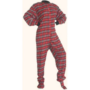 Flanell - Schlafoverall "RED & BLACK WITH GREY HEARTS" mit Po-Klappe 